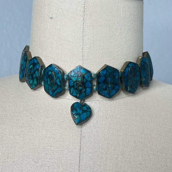 Vintage Jewelry - Vintage 70s Tibetan Turquoise Inlay chocker necklace brass